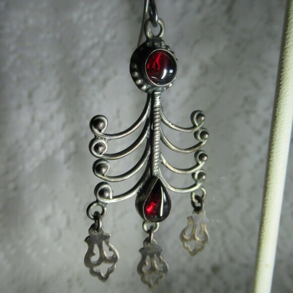 Vintage Sterling Silver 925 Garnet Dangle Earrings Boho Ethnic Tribal Cabochon - Picture 2 of 16